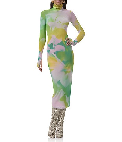 AFRM Shailene Watercolor Print Mesh Turtleneck Long Sleeve Midi Dress