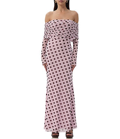 AFRM Thelma Dot Print Off-The-Shoulder Long Sleeve Mesh Maxi Dress