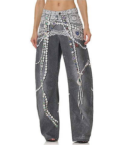 AFRM Walker Jewel Printed High Rise Barrel Leg Denim Pants