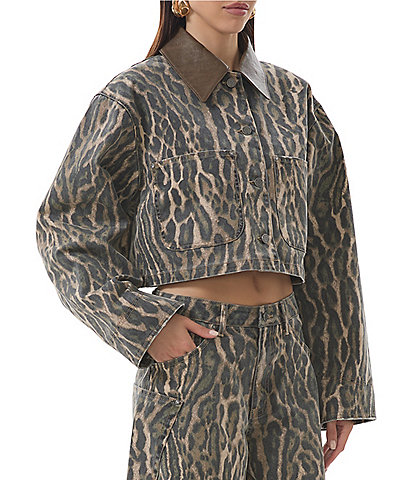 AFRM Wrenley Leopard Print Canvas Contrast Point Collar Long Sleeve Oversize Boxy Crop Jacket