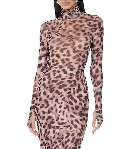 AFRM Zadie Leopard Printed Turtleneck Long Sleeve Coordinating Mesh Top