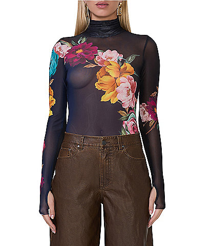 AFRM Zadie Mesh Floral Print Turtleneck Long Sleeve Top