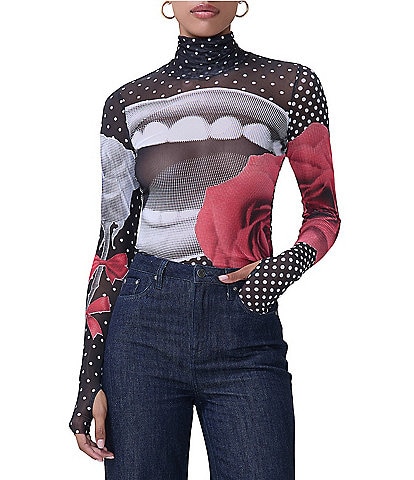 AFRM Zadie Mesh Print Turtleneck Long Sleeve Top