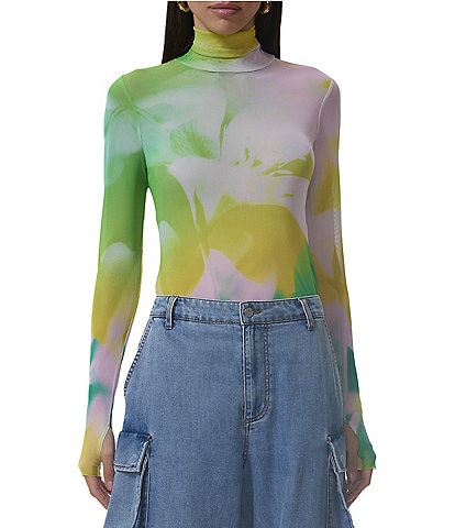 AFRM Zadie Watercolor Print Mock Neck Long Sleeve Mesh Top