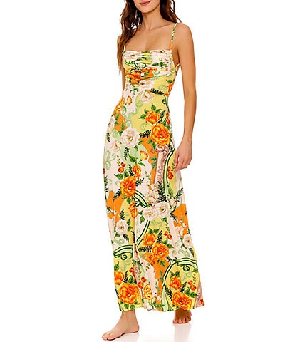 Agua Bendita Arista Floral Knit Print Square Neck Sleeveless Tie Back Maxi Dress