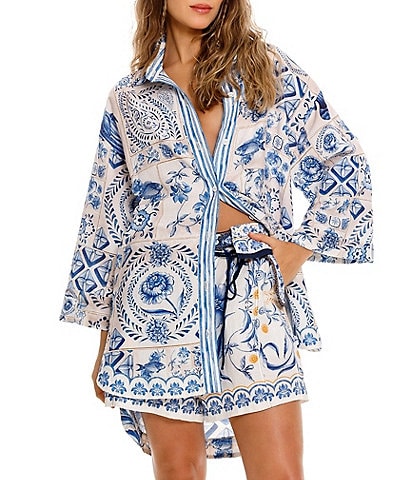 Agua Bendita Chrissy Azure Printed Point Collar 3/4 Sleeve Button Down Shirt