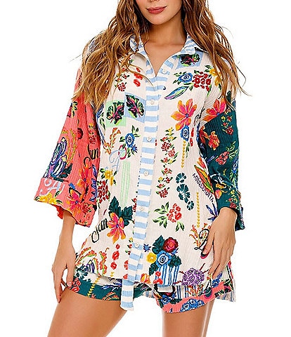 Agua Bendita Chrissy Floral Placement Print Point Collar 3/4 Sleeve Coordinating Shirt