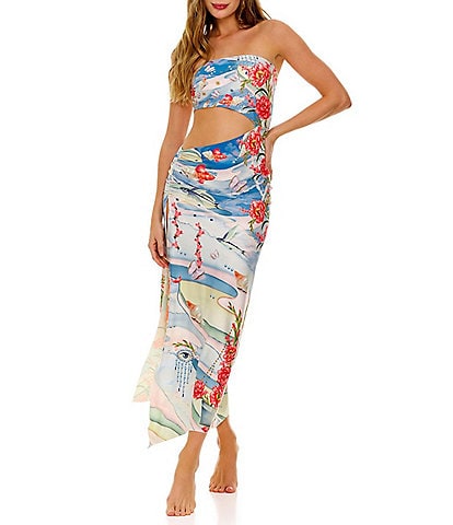 Agua Bendita Gwen Floral Placement Print Strapless Sleeveless Cutout Dress
