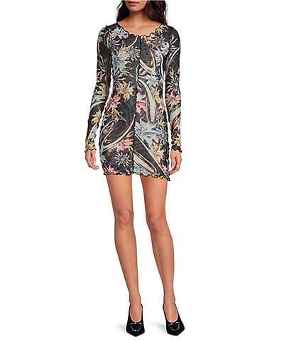 Agua Bendita Hadley Floral Mesh Boat Neck Long Sleeve Mini Dress