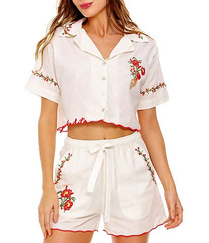Agua Bendita Itsy Floral Embroidered Notch Collar Short Sleeve Crop Shirt