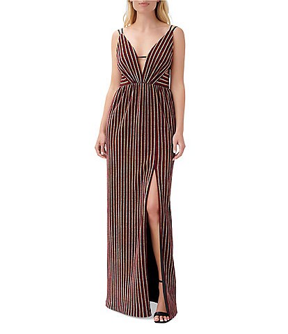 Aidan Aidan Mattox Striped Metallic Print Plunging V-Neck Front Thigh High Slit Sleeveless Gown