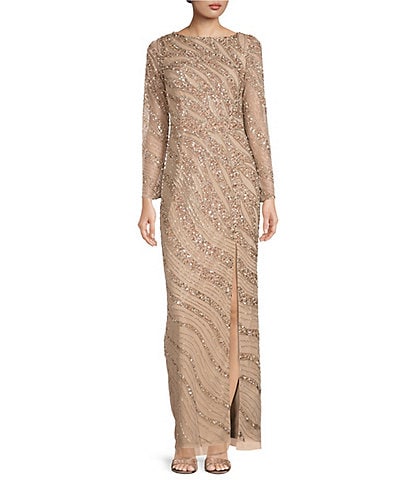 Aidan Mattox Beaded Boat Neck Long Sleeve Front Slit Gown