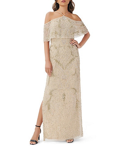 Aidan Mattox Beaded Halter Off-the-Shoulder Popover Bodice Short Sleeve Gown