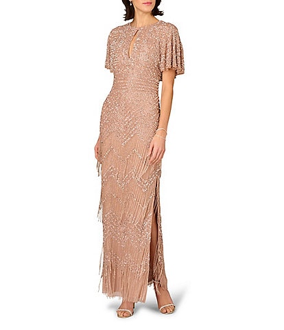 Aidan Mattox Beaded Mesh Cape Sleeves Front Keyhole Long Dress