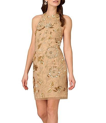 Aidan Mattox Beaded Mesh High Neck Racerback Sheath Dress