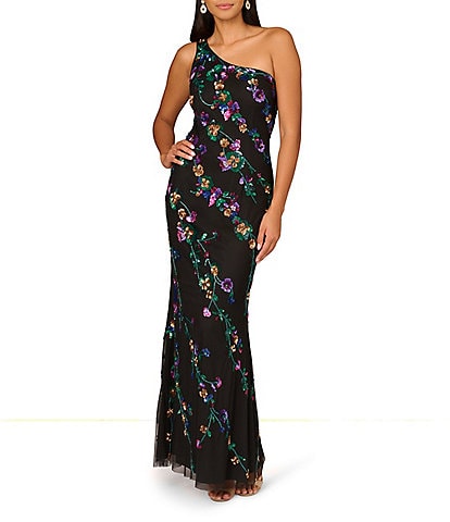 Aidan Mattox Beaded Mesh One Shoulder Sleeveless Mermaid Gown