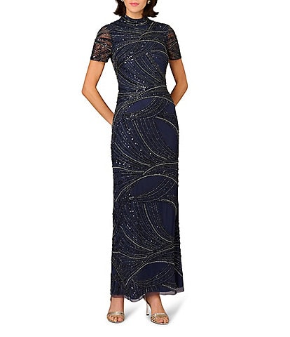 Aidan Mattox Beaded Mesh Short Sleeve Column Long Gown
