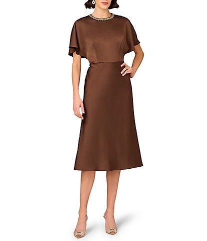 Aidan Mattox Crepe Back Satin Beaded Crew Neck Dolman Sleeves Sheath Midi Dress