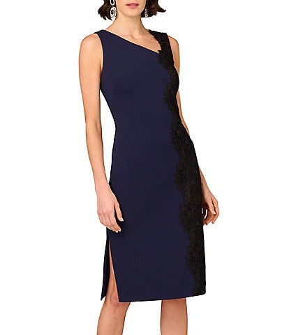 Aidan Mattox Crepe Knit Asymmetrical Neck Side Lace Panel Sheath Midi Dress