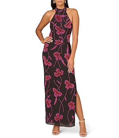 Aidan Mattox Floral Beaded Mesh Halter Neck Sleeveless Side Slit Gown