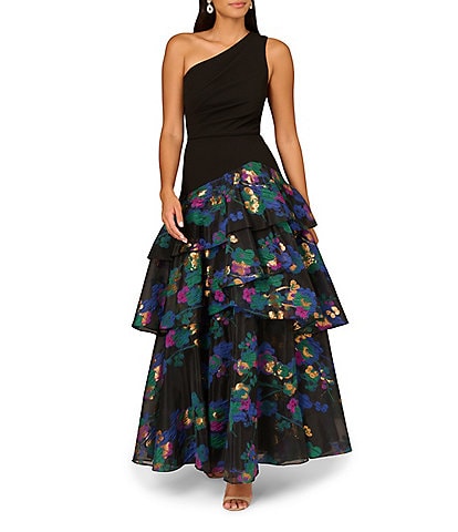 Aidan Mattox Floral Jacquard One Shoulder Sleeveless Asymmetrical Drop Waist Tiered Gown