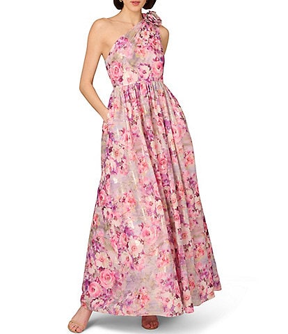 Aidan Mattox Floral Jacquard One Shoulder Sleeveless Flower Shoulder A-Line Gown