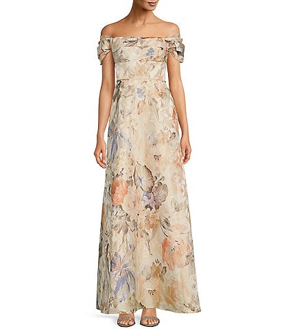 Aidan Mattox Floral Metallic Off-the-Shoulder Pleated Ball Gown