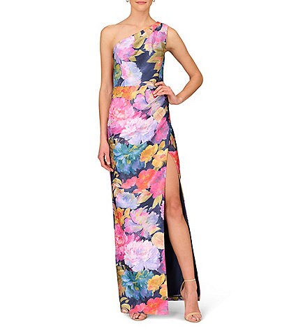 Aidan Mattox Floral One Shoulder Sleeveless Gown with Pleated Bodice and Front Slit