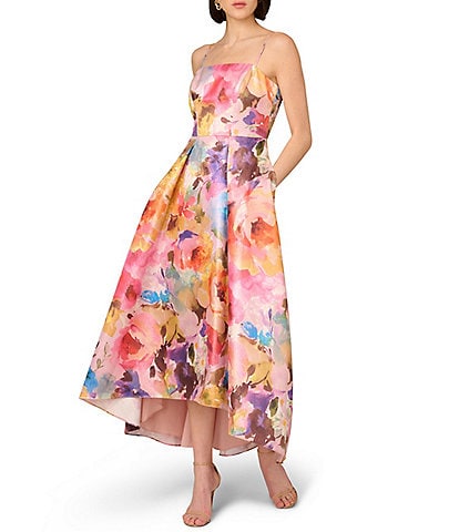 Aidan Mattox Floral Print Metallic Jacquard Square Neck Sleeveless Side Pocket Midi Dress