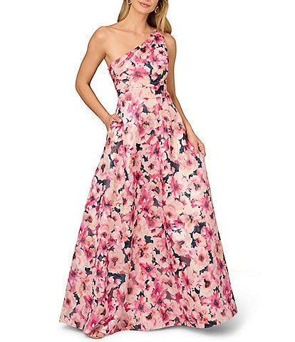 Aidan Mattox Floral Printed Jacquard One Shoulder Sleeveless Side Pocket Gown
