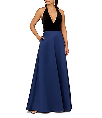 Aidan Mattox Halter Deep V-Neck Satin Velvet A-Line Gown