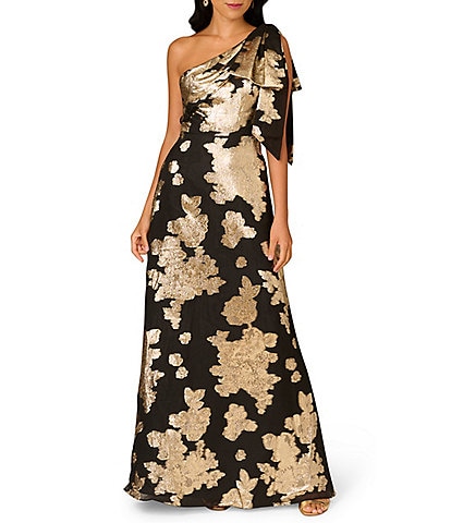 Aidan Mattox Jacquard Metallic One Shoulder Neck Sleeveless Bow Detail Ball Gown