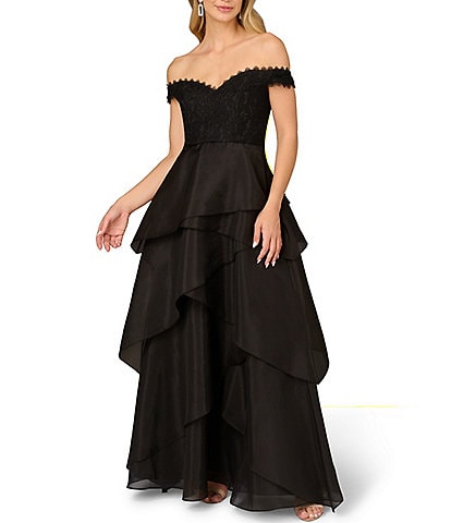 Aidan Mattox Lace Organza Off The Shoulder Cap Sleeve Tiered Gown