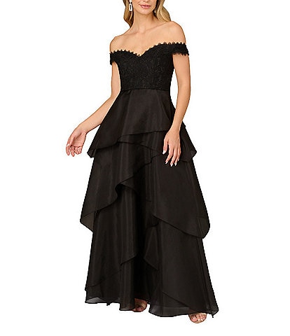 Aidan Mattox Lace Organza Off The Shoulder Cap Sleeve Tiered Gown