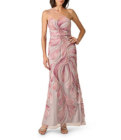 Aidan Mattox Mesh One Shoulder Sleeveless Long Dress