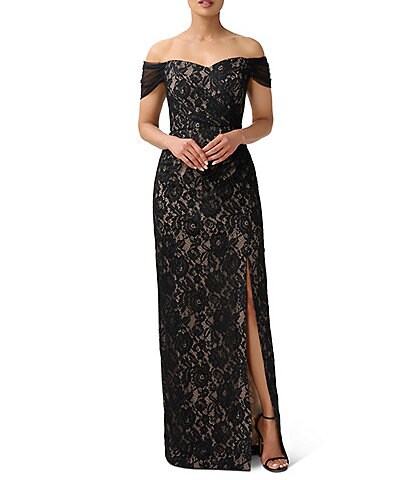 Aidan Mattox Off-the-Shoulder Sleeve Sweetheart Neck Lace Gown