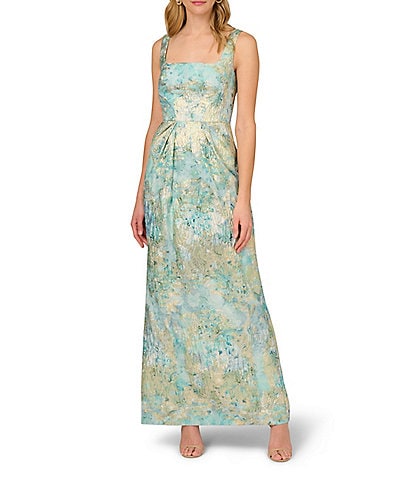 Aidan Mattox Printed Jacquard Square Neck Sleeveless Ruched Gown