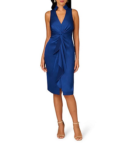 Aidan Mattox Satin Crepe Back Point Collar V-Neck Sleeveless Front Twist Cascade Ruffle Sheath Dress