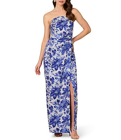Aidan Mattox Strapless Floral Print Jacquard Side Ruched Column Gown