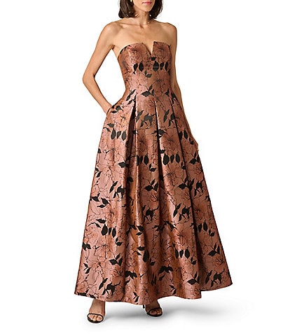 Aidan Mattox Strapless Jacquard Floral Long Dress