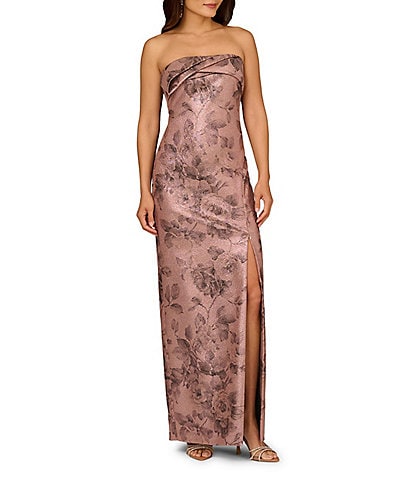 Aidan Mattox Strapless Metallic Print Jacquard Gown With Draped Bodice