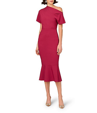 Aidan Mattox Stretch Crepe One-Shoulder Short Sleeve Flared Hem Dress