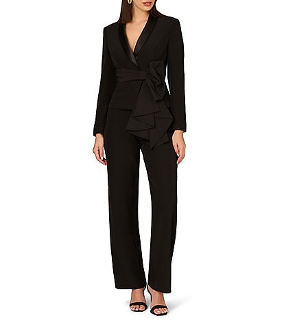 Aidan Mattox Stretch Crepe Shawl Collar Wide Leg Taffeta Bow Drape Jumpsuit