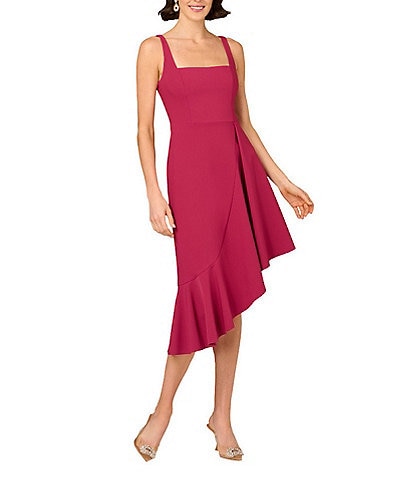 Aidan Mattox Stretch Crepe Square Neck Ruffle Asymmetrical A-Line Midi Dress