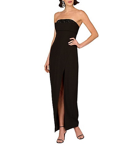 Aidan Mattox Stretch Crepe Strapless Beaded High Leg Sheath Gown