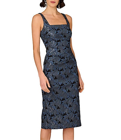 Aidan Mattox Stretch Jacquard Square Neck Pleated Sheath Midi Dress