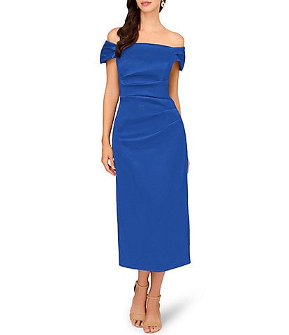 Aidan Mattox Stretch Mikado Off the Shoulder Short Sleeve Midi Dress