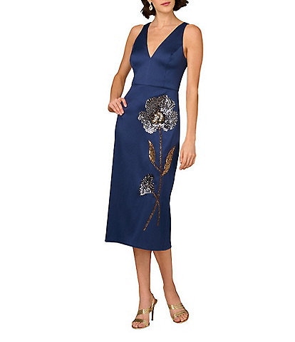 Aidan Mattox Stretch Mikado V-Neck Beaded Sheath Midi Dress