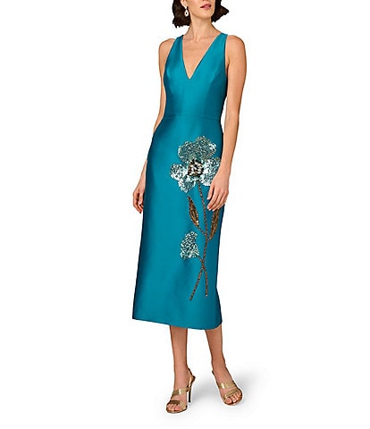 Aidan Mattox Stretch Mikado V-Neck Beaded Sheath Midi Dress