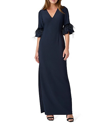 Aidan Mattox V-Neck 3/4 Feather Trimmed Sleeve Gown